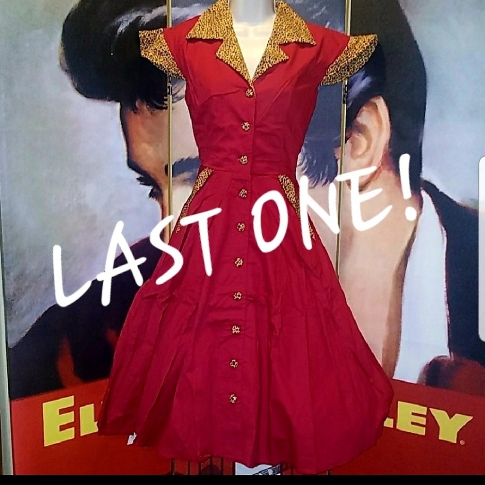 Lindy Bop Jeanette Retro 1950’s Red Fit n Flare Pinup Diner Dress Leopard Trim
